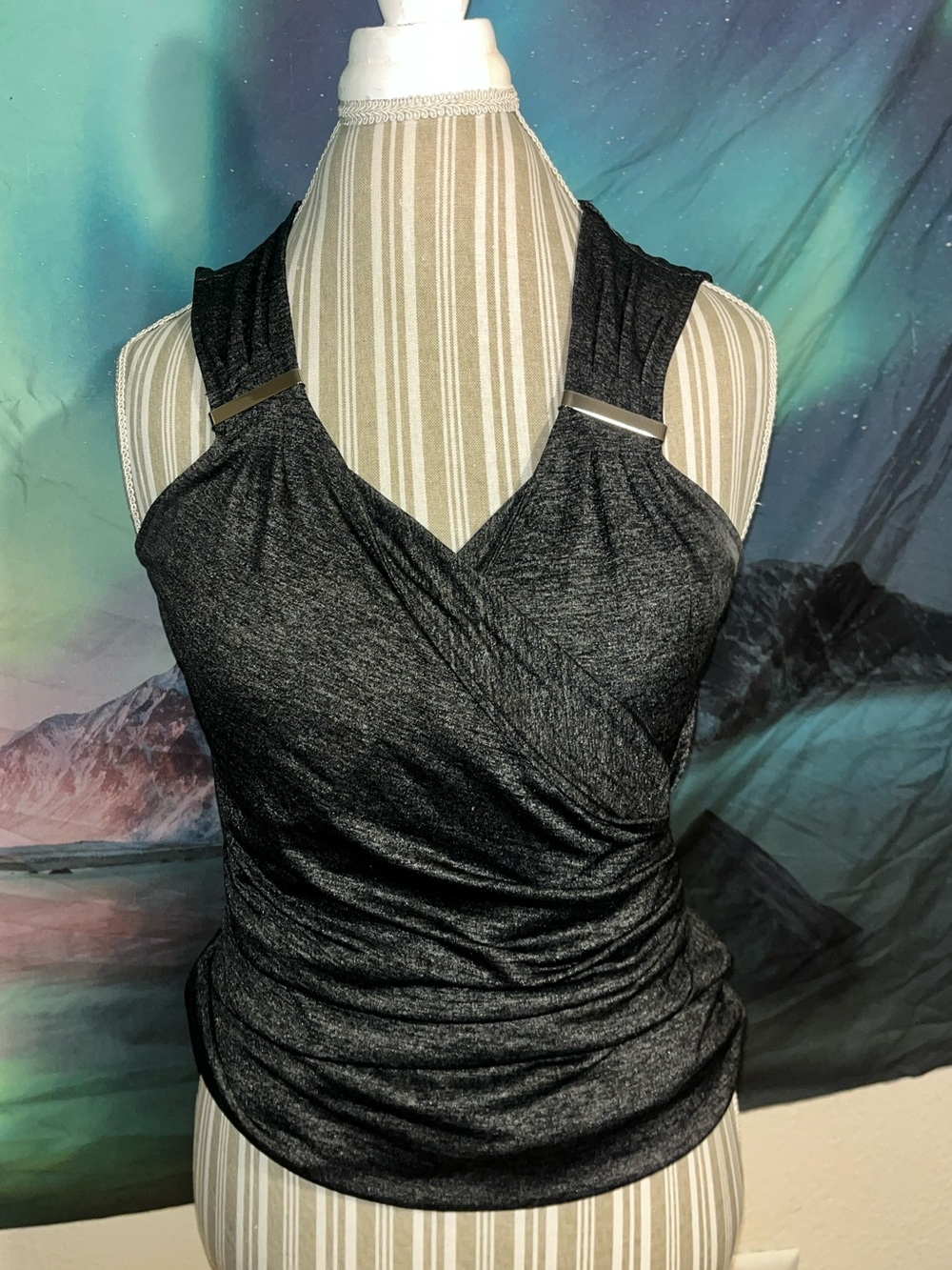 White House Black Market Charcoal Wrap Tank with Metal Strap Accents